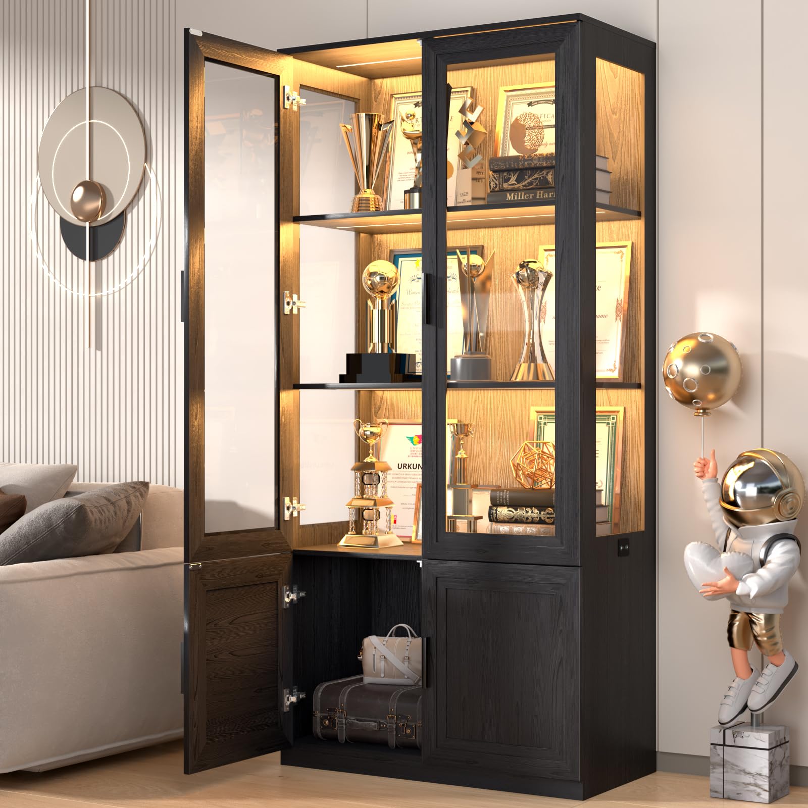 Display Cabinet with Acrylic Door, 3-Tier Curio Cabinet with 3 Color Lights, Liquor Cabinet with Human Body Sensor, Bookcase with 3 Shelves, Bottom Storage Space, Black, Suitable for Collections