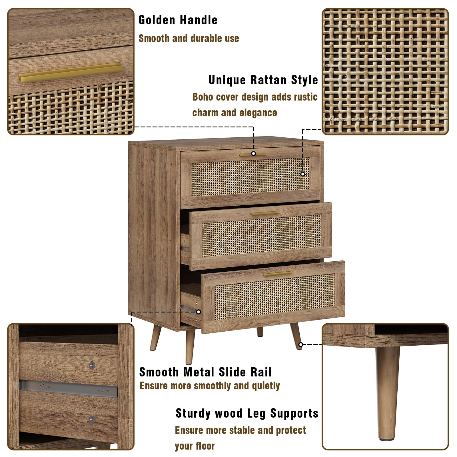 Trironsun 3 Drawer Dresser for Bedroom Rattan Dresser Chest of Drawers with Spacious Storage Boho Clothes Storage Nightstand for Living Room