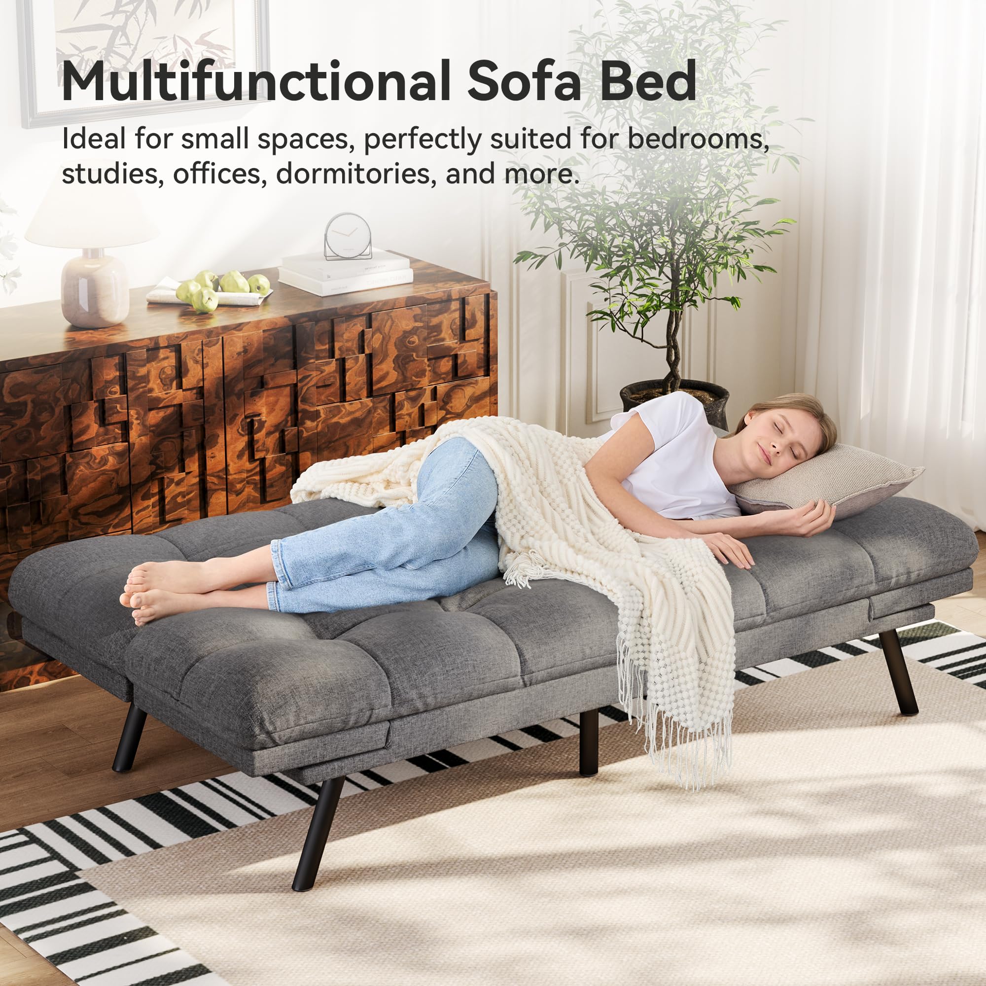 Convertible Futon Sofa Bed with Adjustable Backrest & Armrest