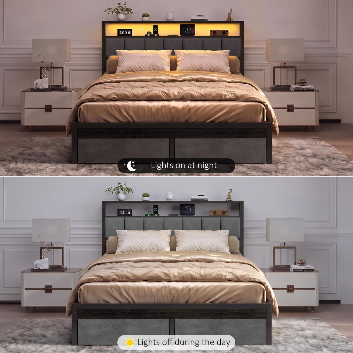 Aelawe Full Bed Frame with 2 Storage Drawers, Metal Platform Bed with LED Lights and Charging Station, Upholstered Headboard with 2-Tier Storage Shelf, Noise Free, No Box Spring Needed