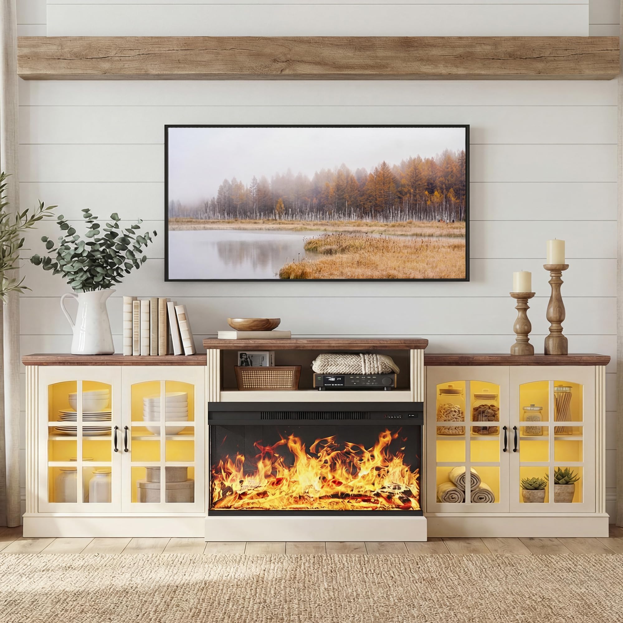 97" Farmhouse Fireplace TV Stand with 36" 3-Sided Electric Fireplace