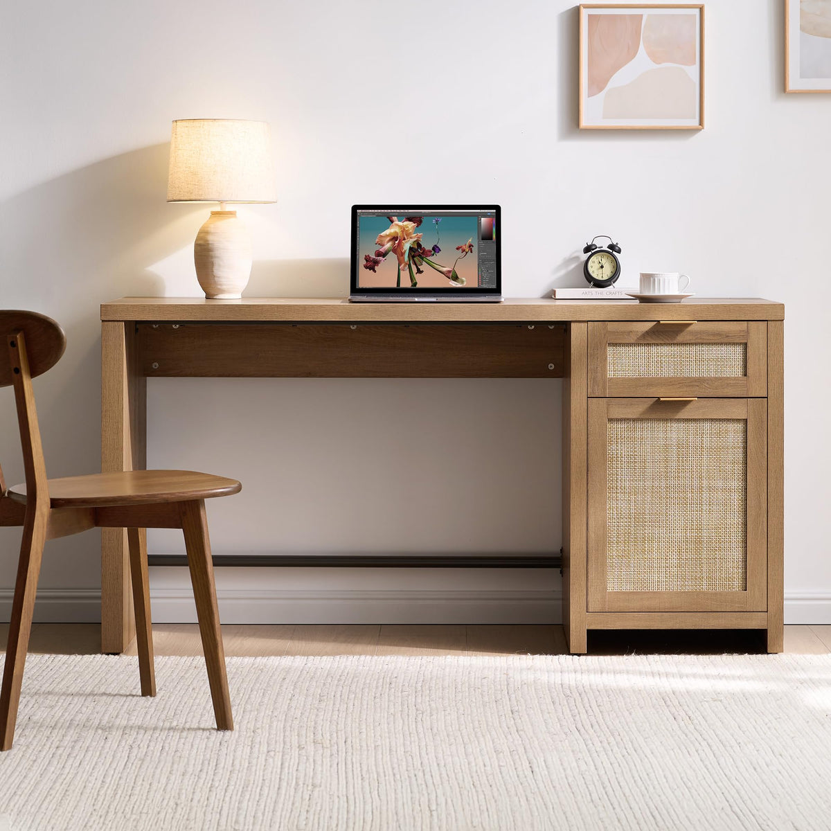 SICOTAS Rattan Computer Desk Wood Desk with Drawer, 59" Home Office Desk