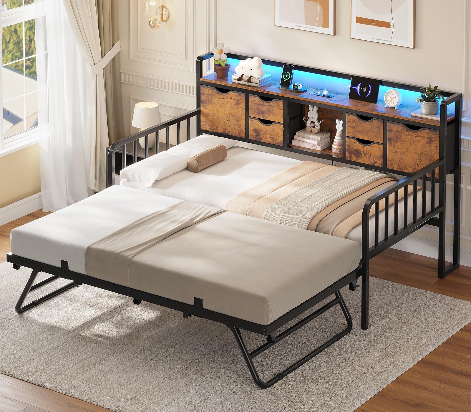 ADORNEVE Daybed with Trundle, Twin Day Bed with Storage Headboard & Charging Station, Height Adjustable Metal Trundle Bed Twin, Sofa Bed Frame for Living Room, Bedroom and Guest Room, Vintage Brown