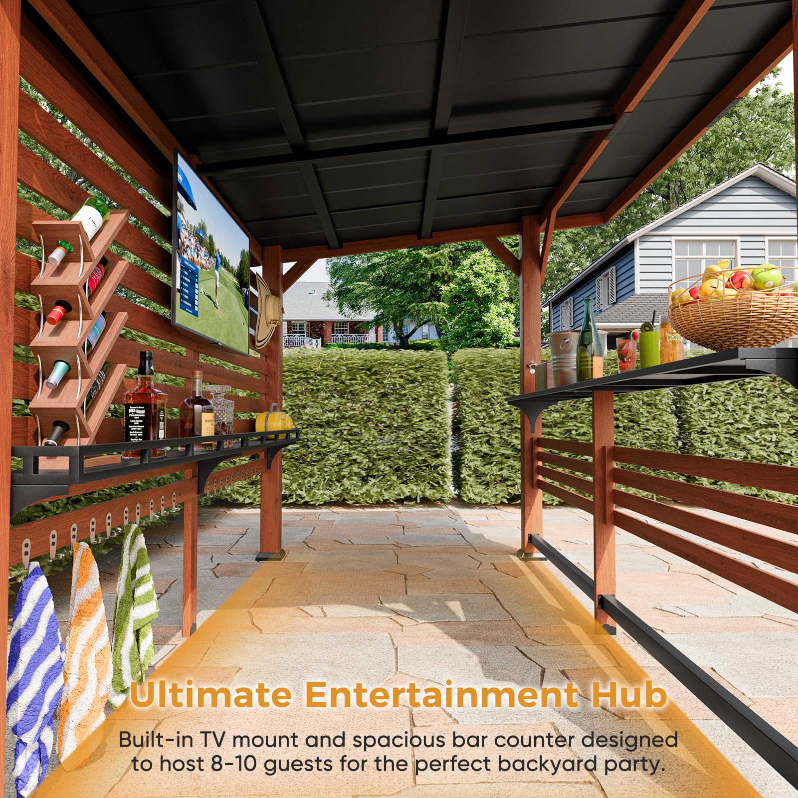 10' x 8' Premium Outdoor Entertainment Bar Center, 26 Gauge Galvanized Steel Roof, Heavy-Duty Solid Wood Pillar,Warm Cedar Wooden Gazebo with Bar Top, TV Mount, Shelves and Hooks for Patio, Deck
