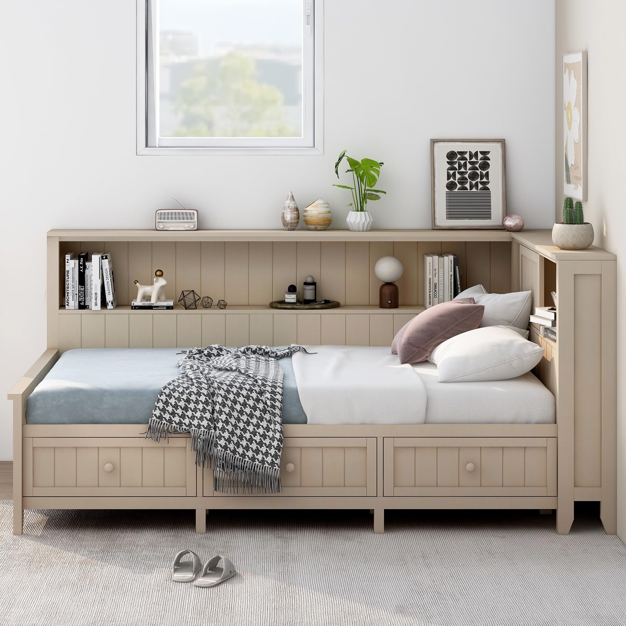 Zeephrog Twin Size Wood Daybed with Trundle and Storage Shelves, Antique White Daybed Frame with Drawers – No Box Spring Needed