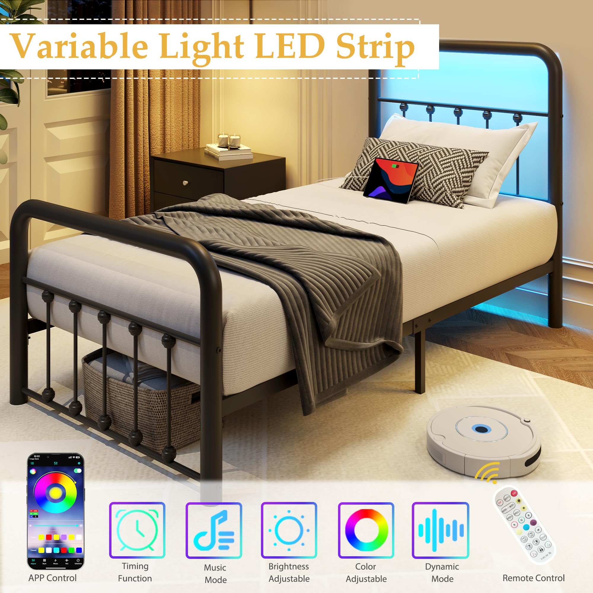 Metal Platform Bed Frame with LED & Charging Station
