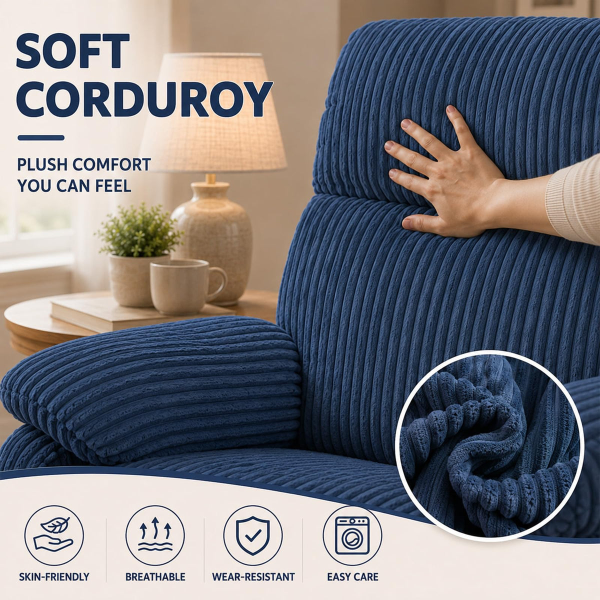 YunKiTech 360° Swivel Rocker Corduroy Manual Recliner Chair 350LBS Blue