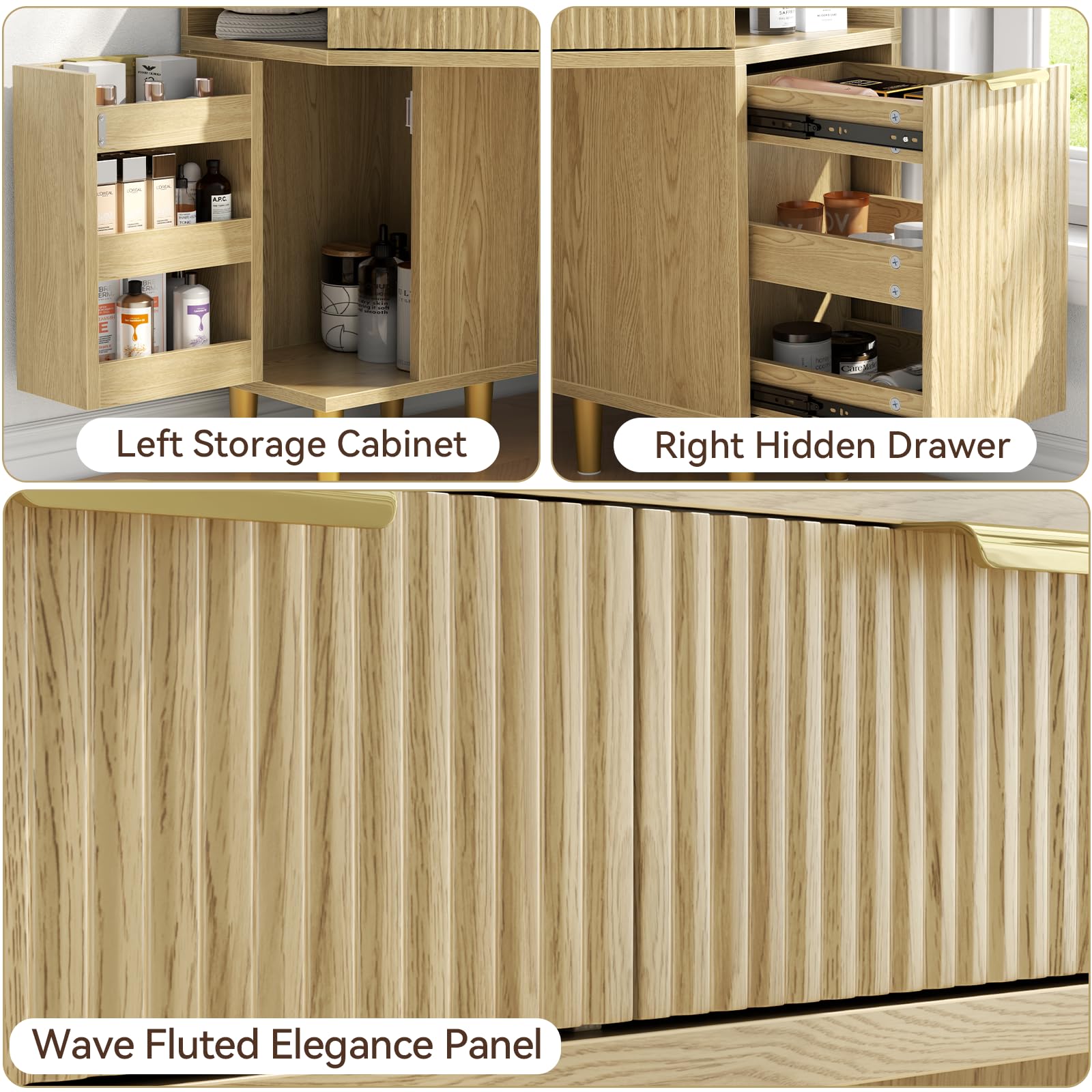 Corner Vanity Desk with LED Mirror & Storage