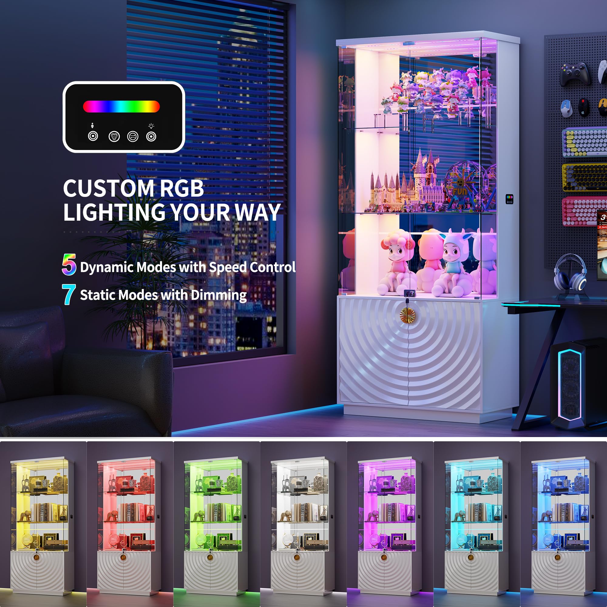 4-Tier Glass Display Cabinet with RGB LED Lights, Motion Sensor & Lockable Pop-Up Door – 70.9"