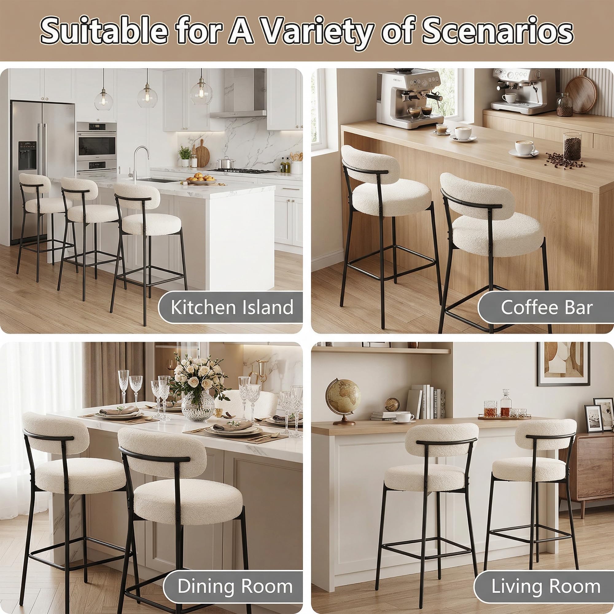Boucle Counter Height Bar Stools with Back, Set of 2
