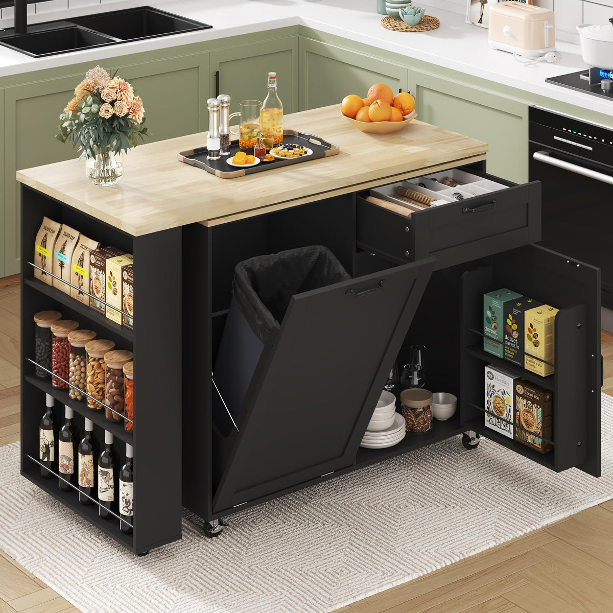 48-72” Extendable Kitchen Island with Trash Can Storage and Power Outlets, Rolling Kitchen Island Cart with 360°Swivel Dining Table, 6Tier Spice Rack，Mobile Wooden Island Table for Kitchen,Dining Room