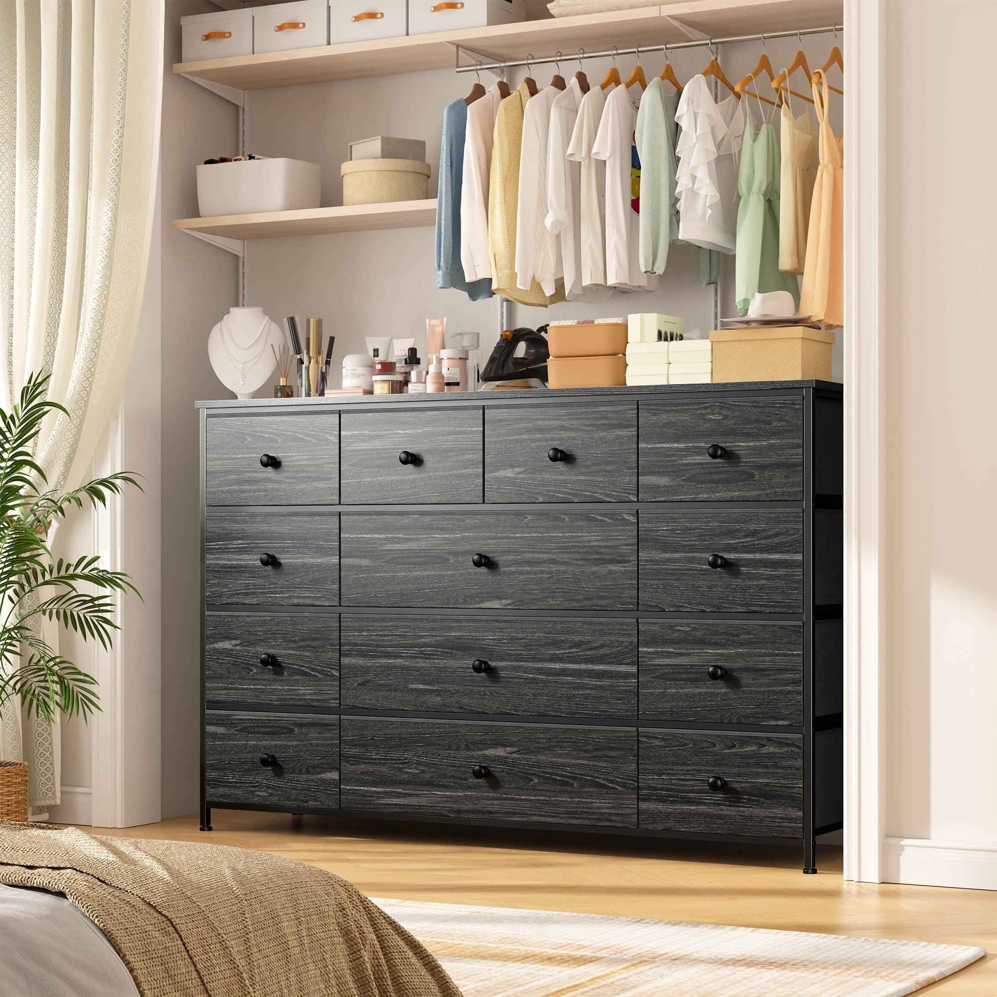 EnHomee Black Dresser TV Stand with 13 Fabric Dresser 45 Inch TV Stand for Bedroom Chests of Drawers for Bedroom, Entryway, Wood Top and Sturdy Frame