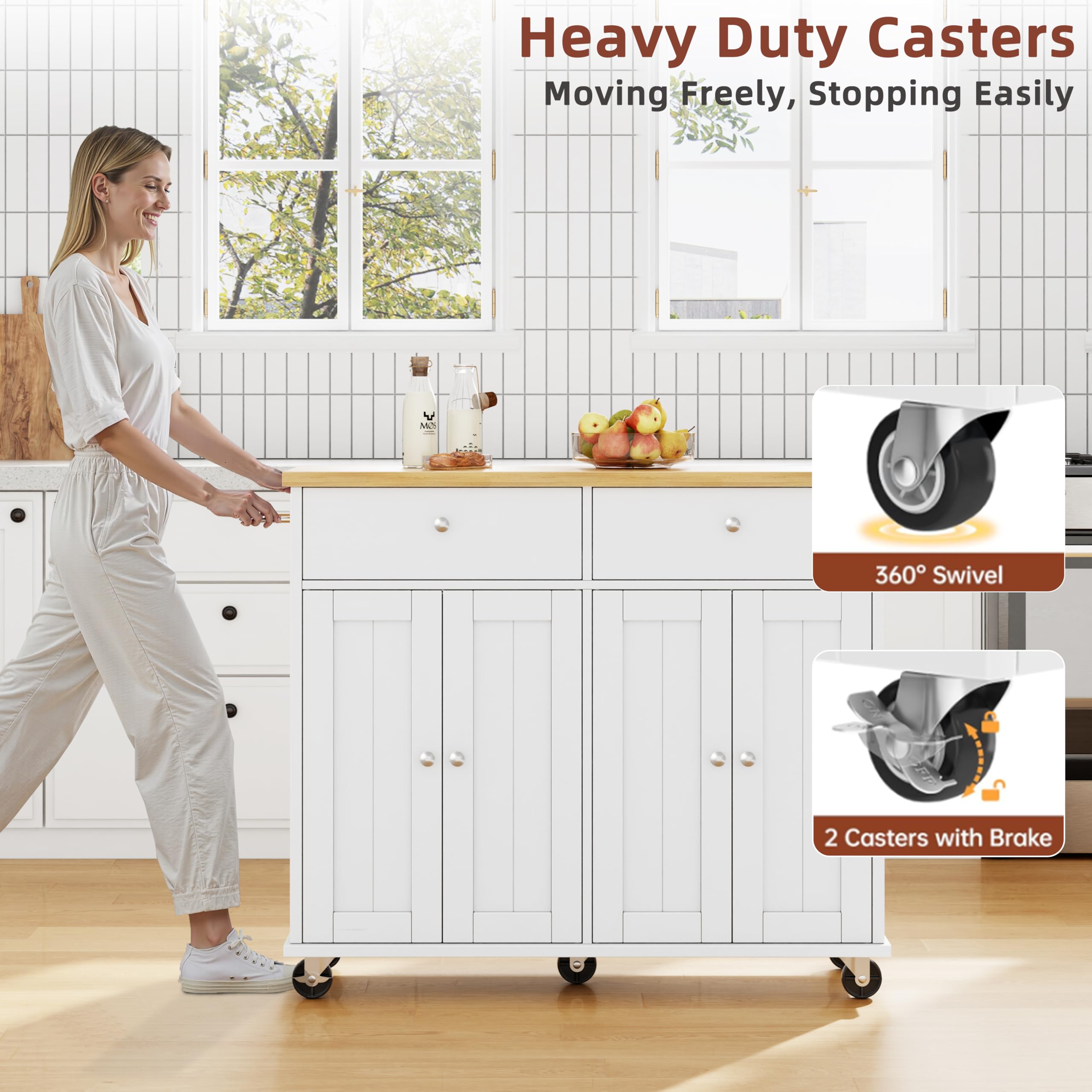 SUNLEI Kitchen Island with Storage, Rolling Kitchen Island Cart with Wheels & Drop Leaf & Towel Rack & 2 Drawers, Portable Island Table for Kitchen, White