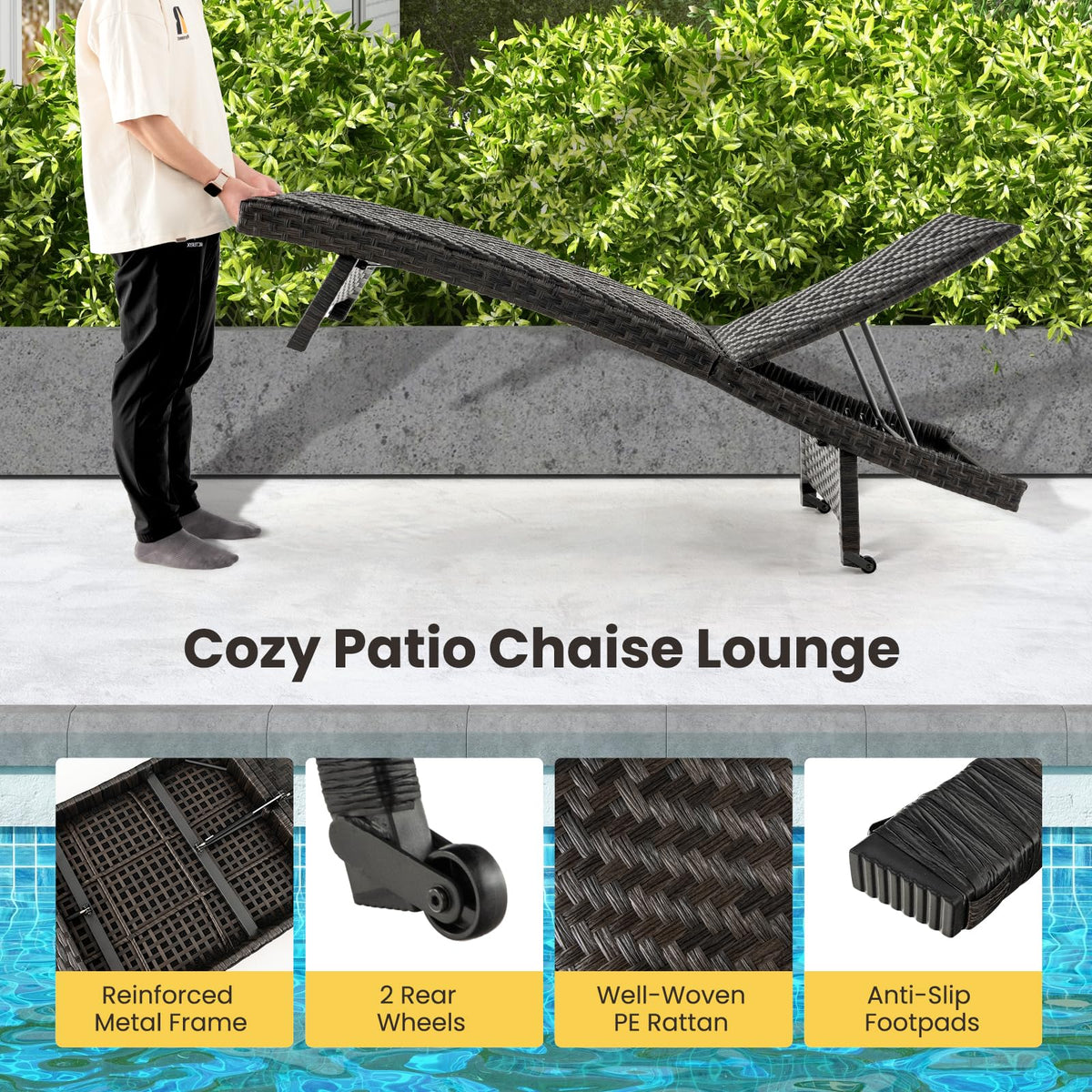 Tangkula Folding Patio Chaise, Quick Dry Foam Padded All Weather Resistant Rattan Lounge Chair with 5-Level Adjustable Backrest & Rear Wheels, Outdoor Wicker Recliner for Backyard, Garden (1)