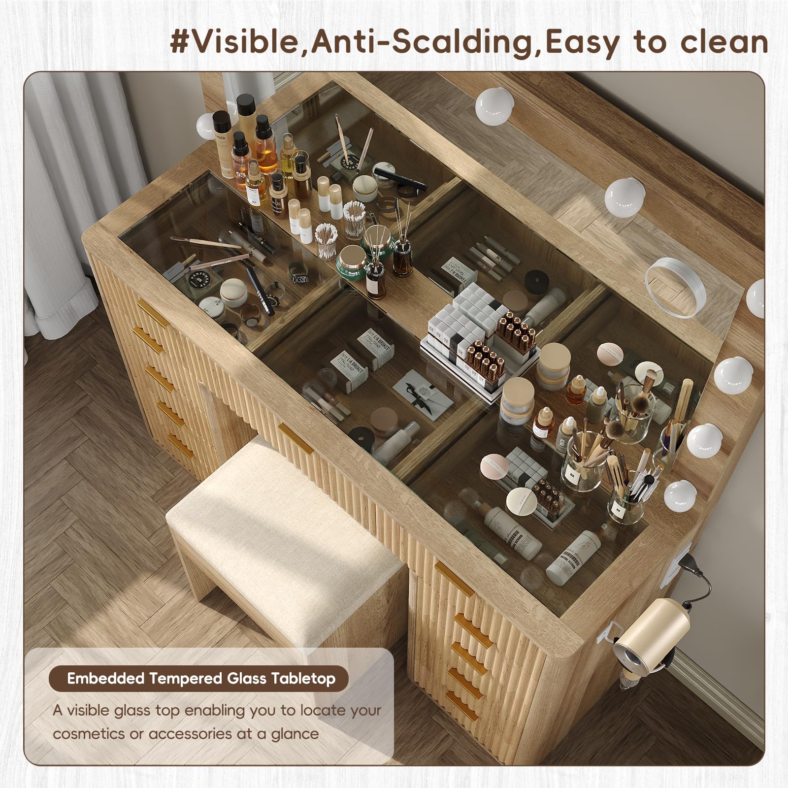 Cozynome 47" Vanity Desk with 3-Color LED Mirror & 11 Drawers, Fluted Makeup Vanity with Glass Top, Charging Station (2 Outlets, 2 USB), Includes Vanity Stool, for Bedroom, Natural
