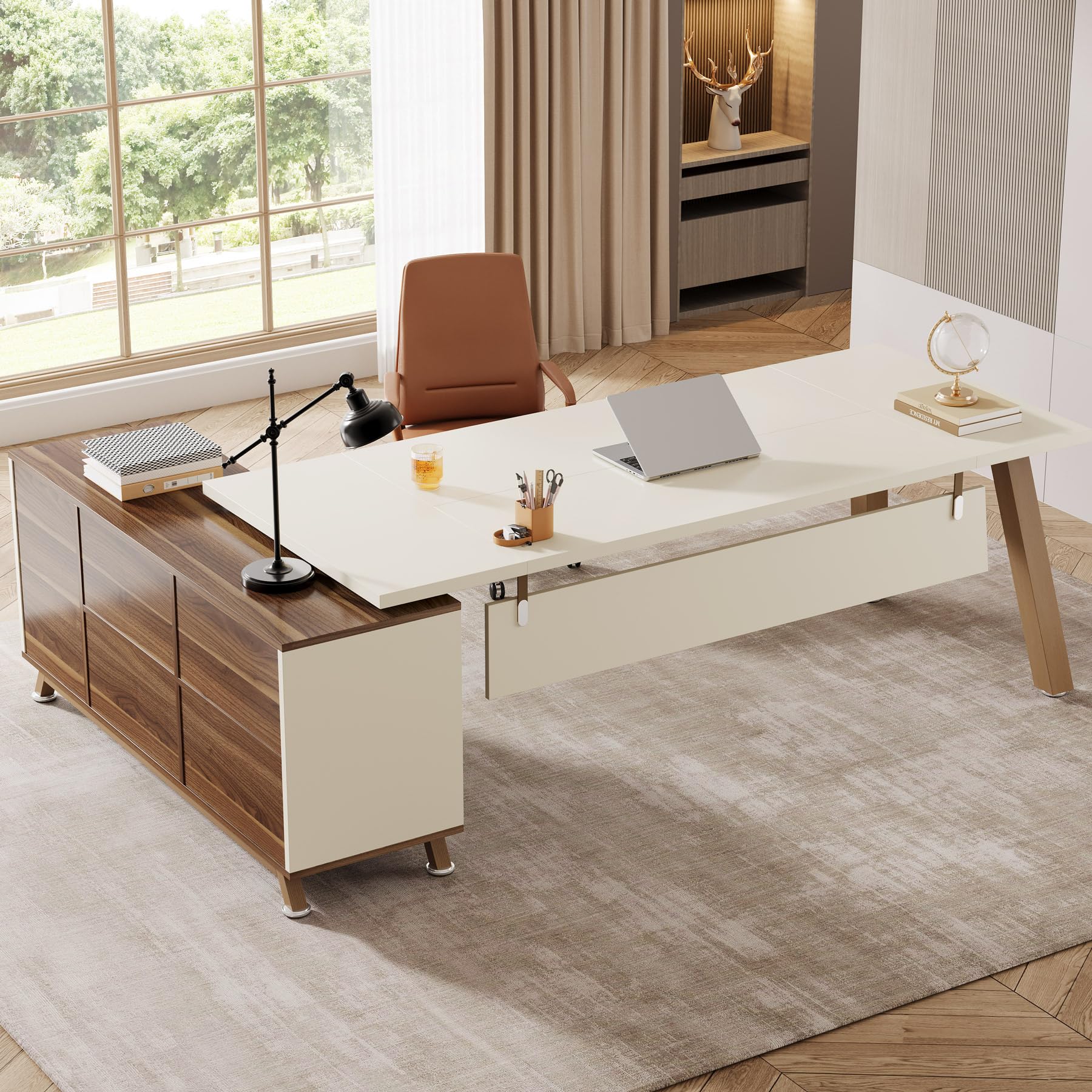 L-Shaped Desk with Storage Shelves & Drawers