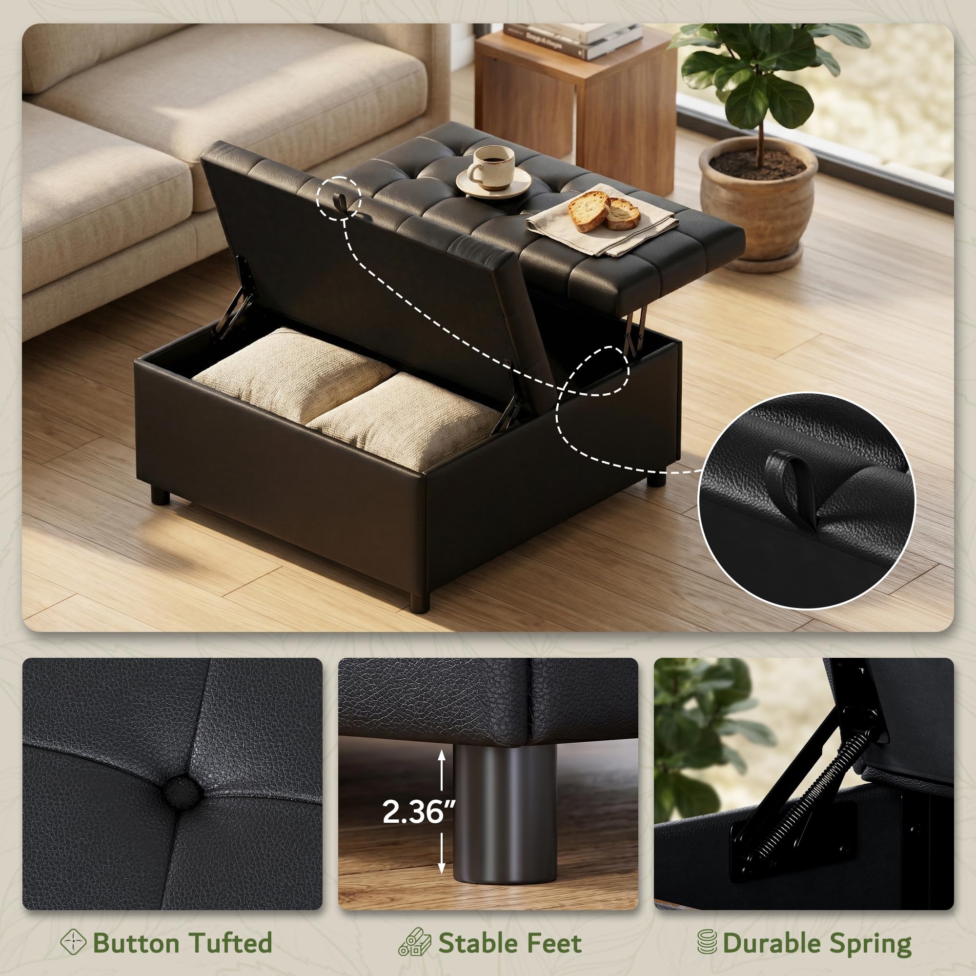 Large Square Lift-Top Storage Ottoman with Faux Leather