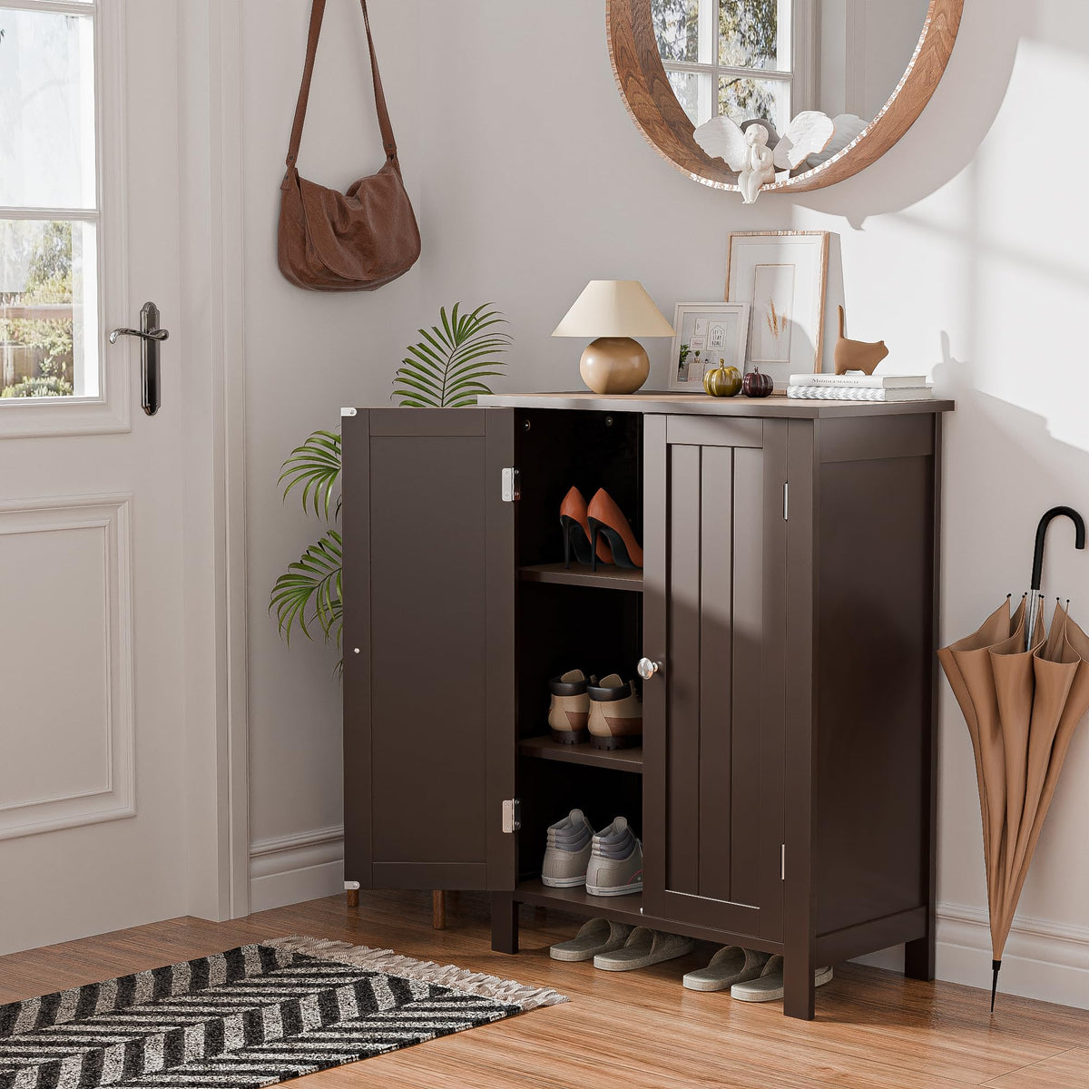 SUPER DEAL Modern Bathroom Floor Storage Cabinet with Adjustable Shelf and Double Door Rust Proof, Living Room Modern Home Furniture Storage Organizer Cabinet, Brown