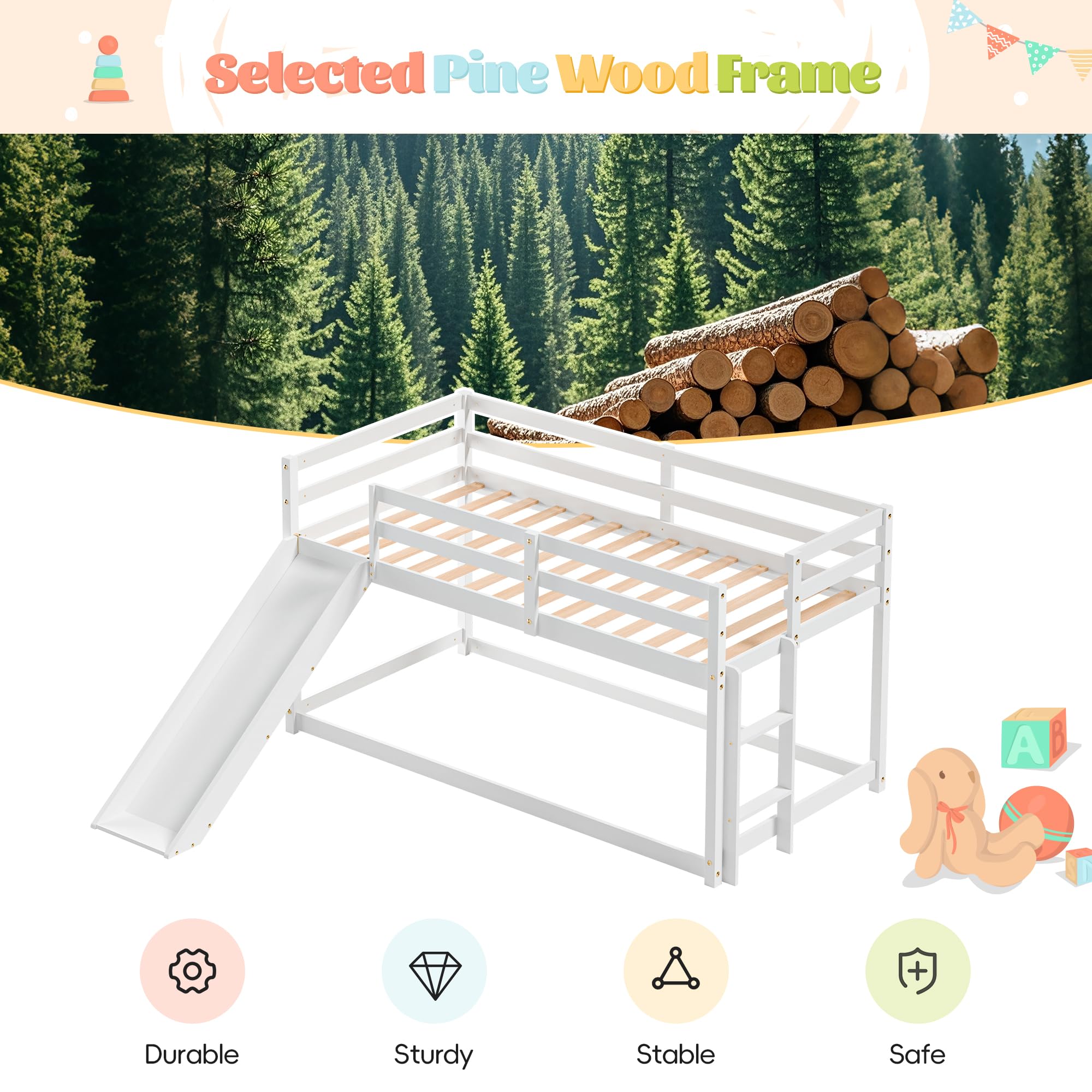 Twin Low Loft Bed with Slide