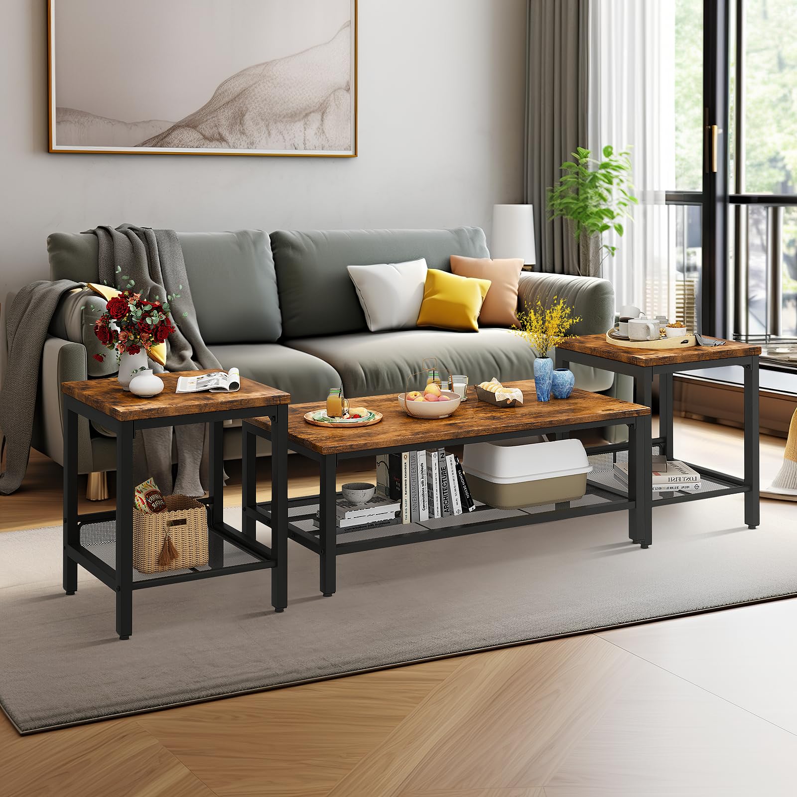 Coffee Table Set of 3, Rustic Brown