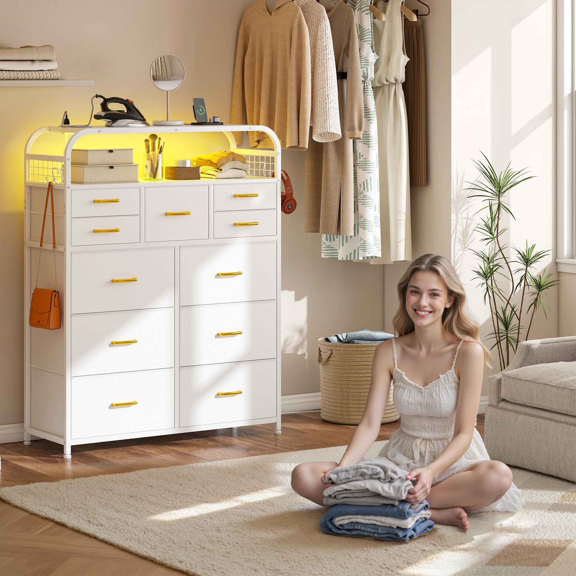 EnHomee 47" H Dressers & Chests of Drawers with LED Lights & Charging Station, Dresser for Bedroom with 11 Fabric Drawers & 4 Hooks & Open Shelves, Entryway, Hallway, Dorm White