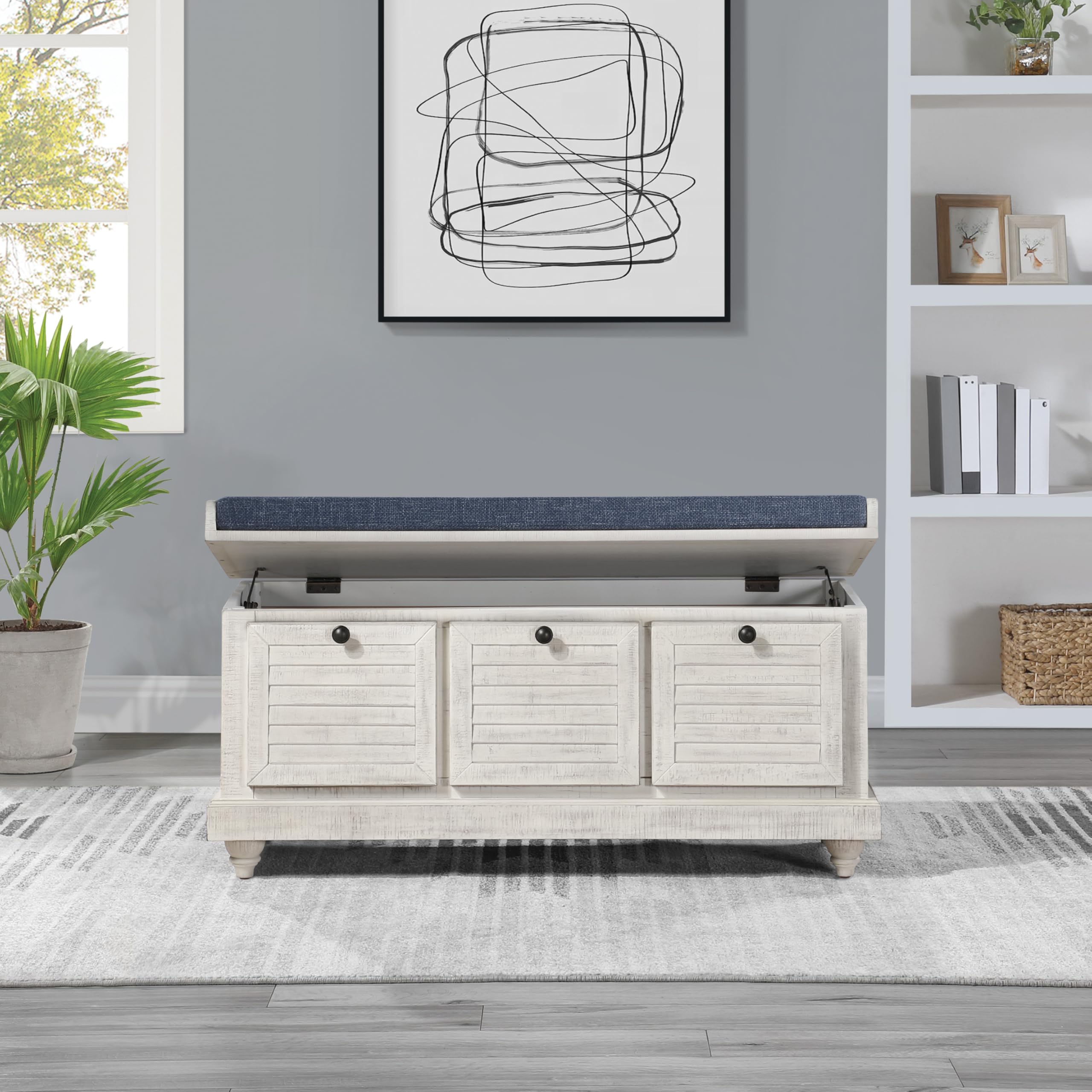 OSP Home Furnishings Dover Coastal Lift-Top Storage Bench with Shutter Face Styling, Distressed White Finish with Navy Fabric Cushion