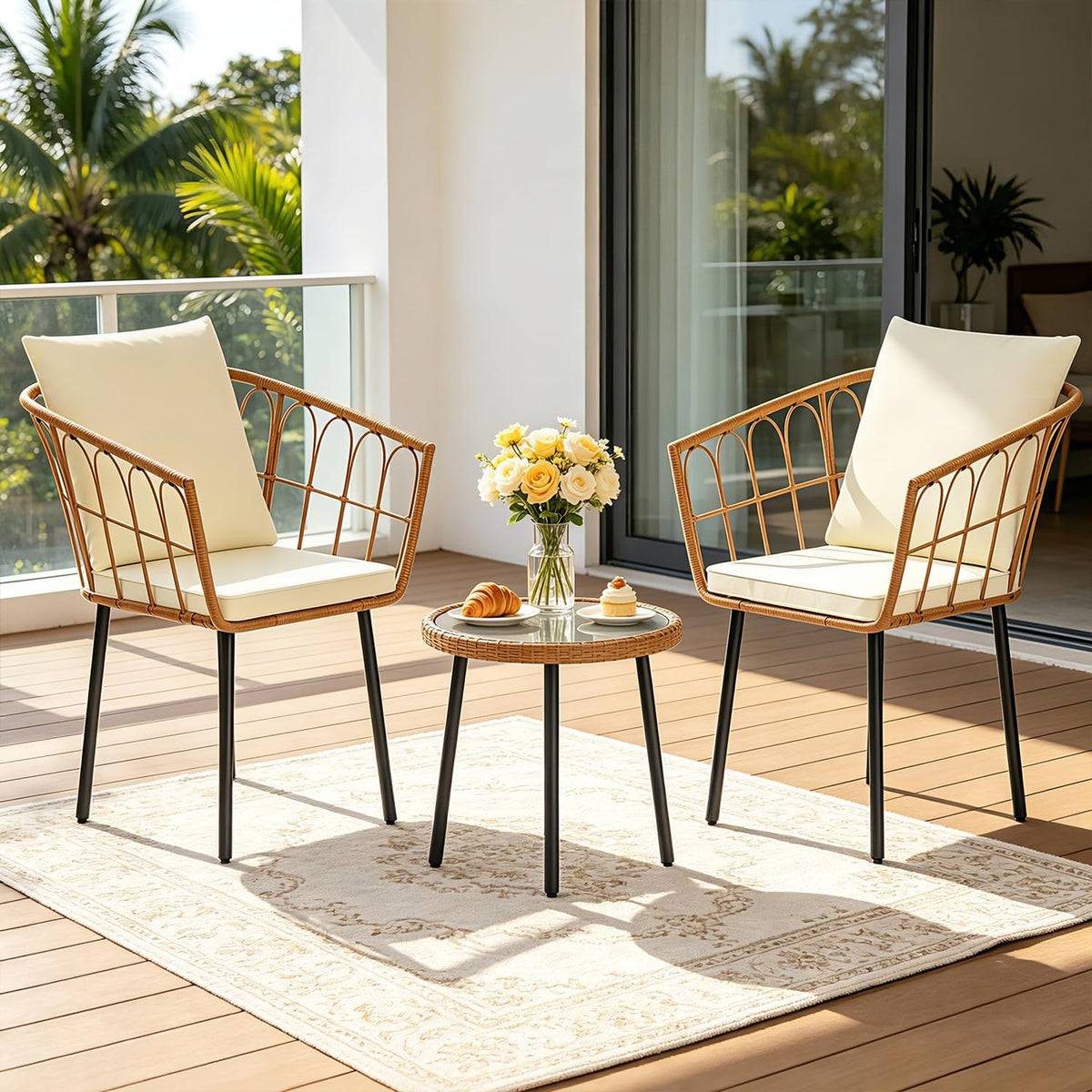 FDW 3 Pieces Patio Furniture Set, Patio Furniture Natural Rattan Patio Chairs Set with Coffee Table Cushion for Patio Porch Backyard Poolside Gardent, Beige