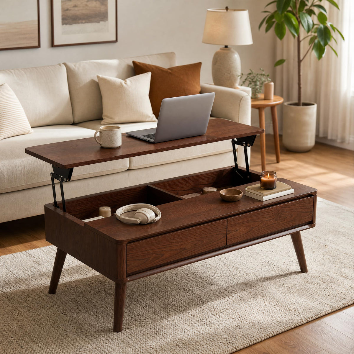 Wayshome Solid Oak Lift Top Coffee Table with Drawers, Walnut, 47.24"