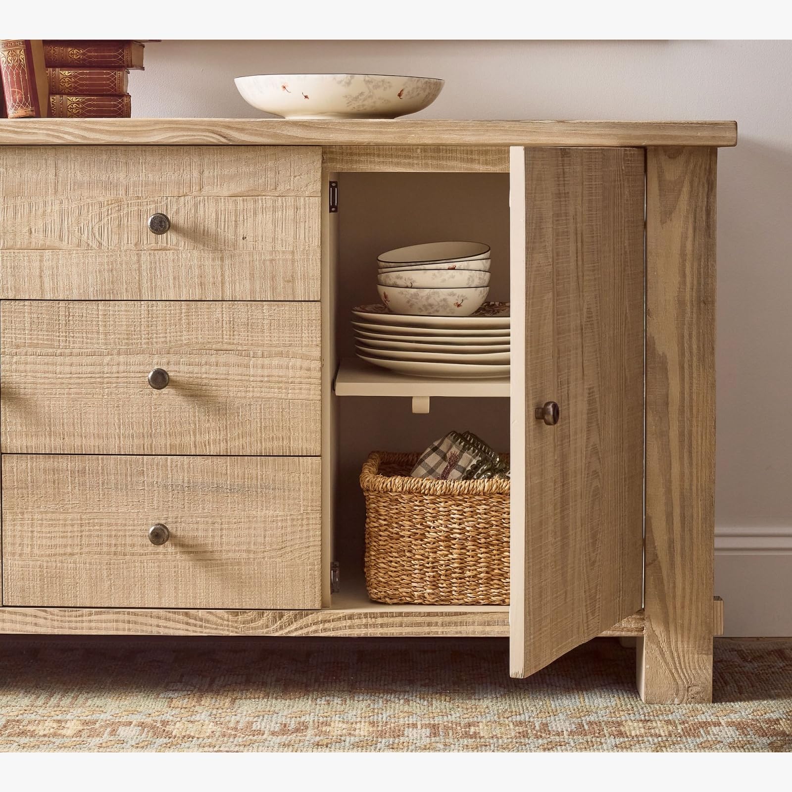 66" Reclaimed Pine Sideboard Buffet, Pale Sand Finish Credenza with 3 Drawers, 2 Doors & Cord Cutouts, Farmhouse Style, Natural Oak