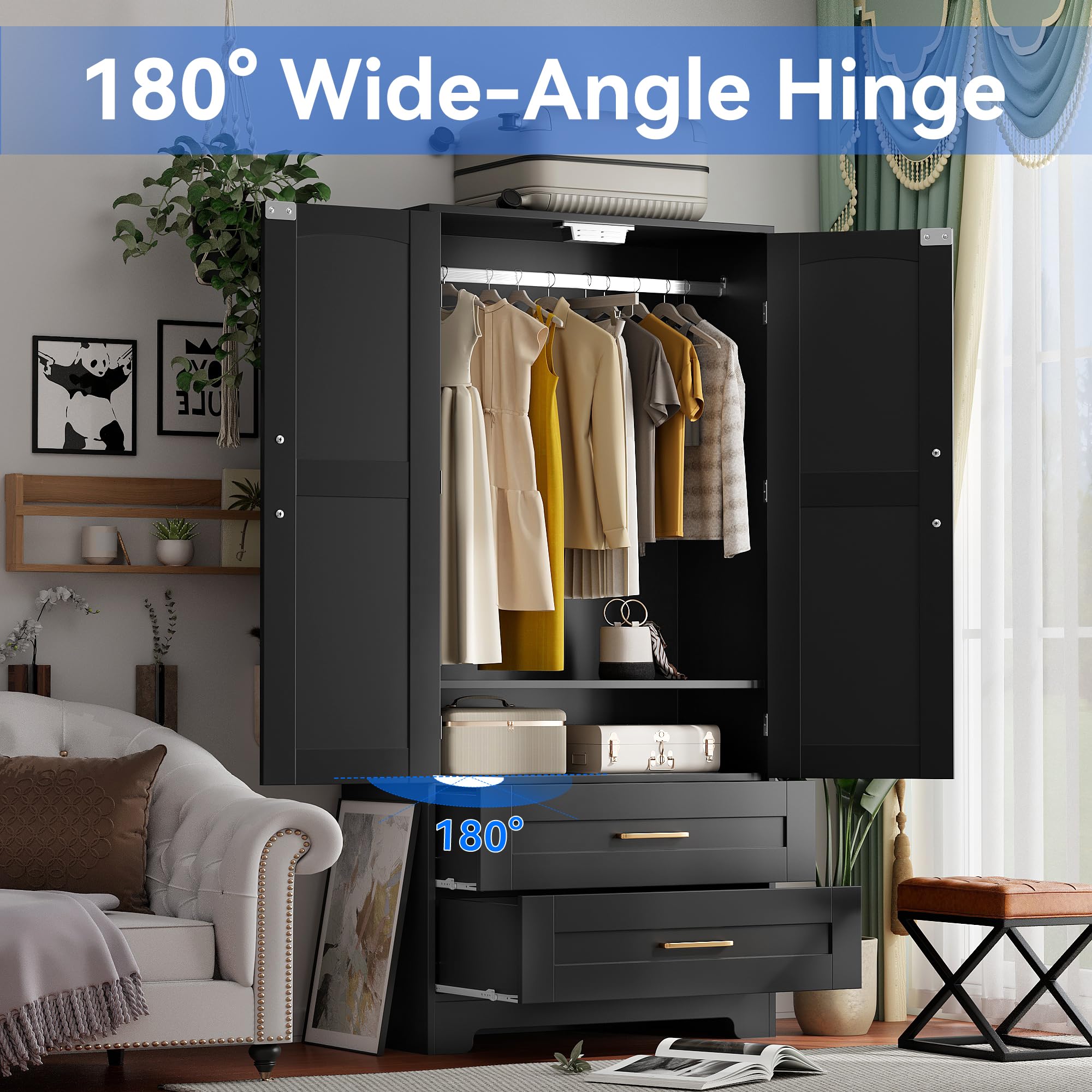 Wooden Armoire Wardrobe Closet with 2 Drawers, Hanging Rod & Shelves