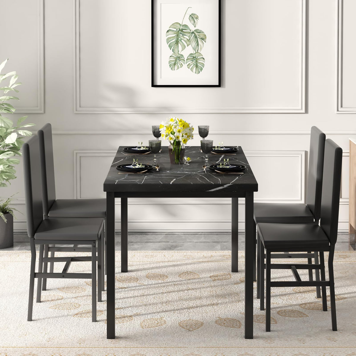 AWQM Dining Table Set for 4, Modern Faux Marble Dining Table Set with 4 Upholstered PU Leather Chairs,Dining Room Table Set for Kitchen, Breakfast Nook, Dining Room, Black