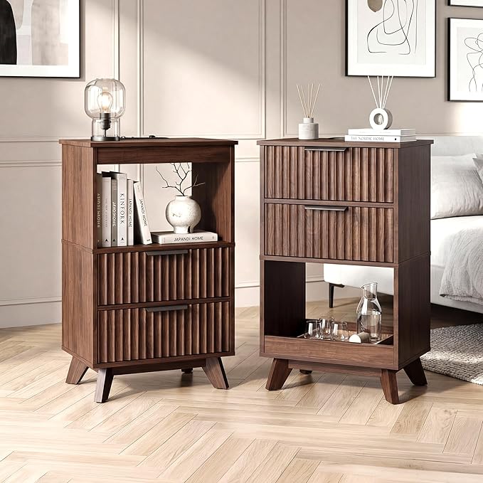 Fluted Tall Nightstand Set of 2 with Charging Station & Storage Drawers