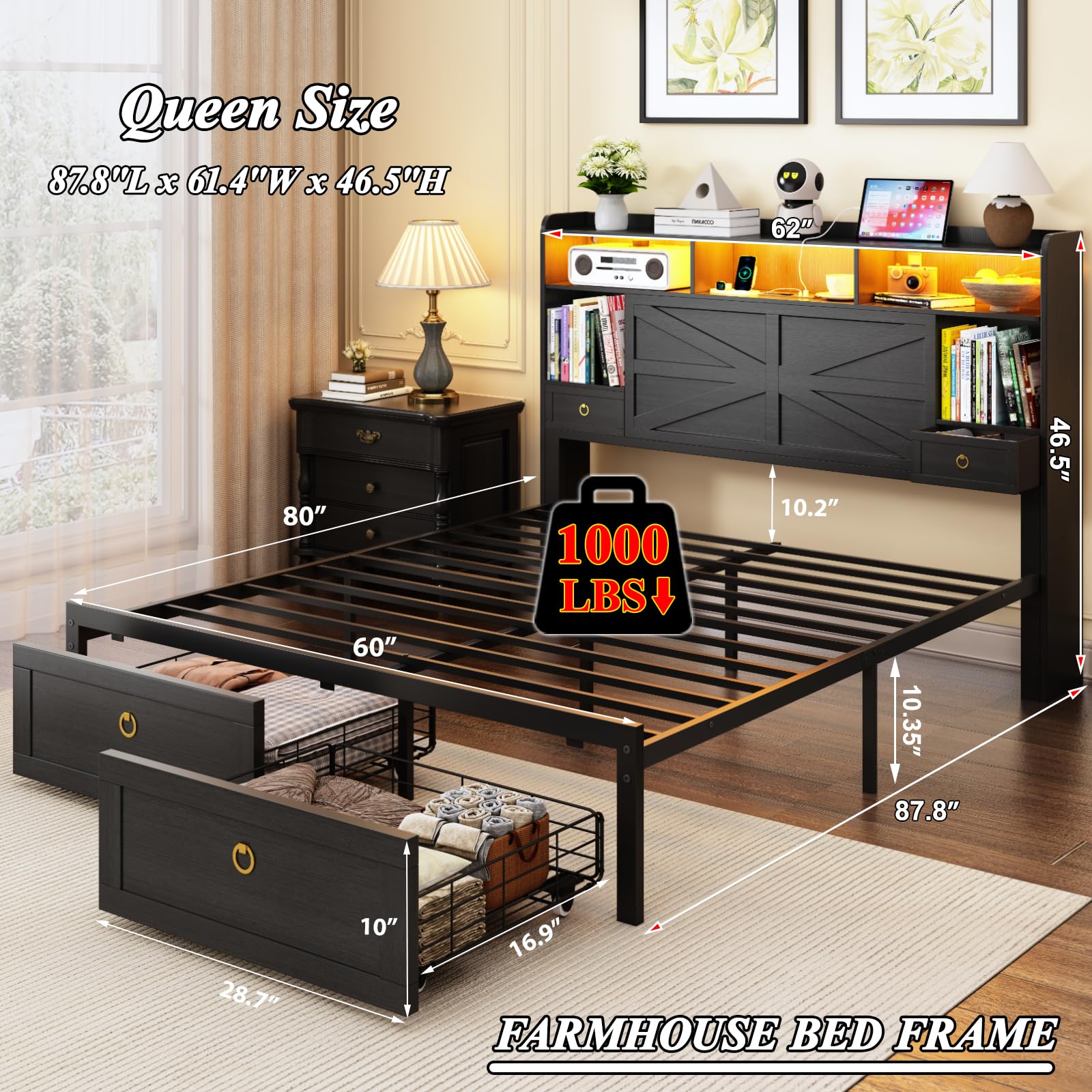 Etditrnp Queen Bed Frame with Storage Headboard, Farmhouse Platform Bed Frame with Bookshelf, Drawers, LED Lights and Charging Station, Metal Slats Support, Noise Free, No Box Spring Needed, Black