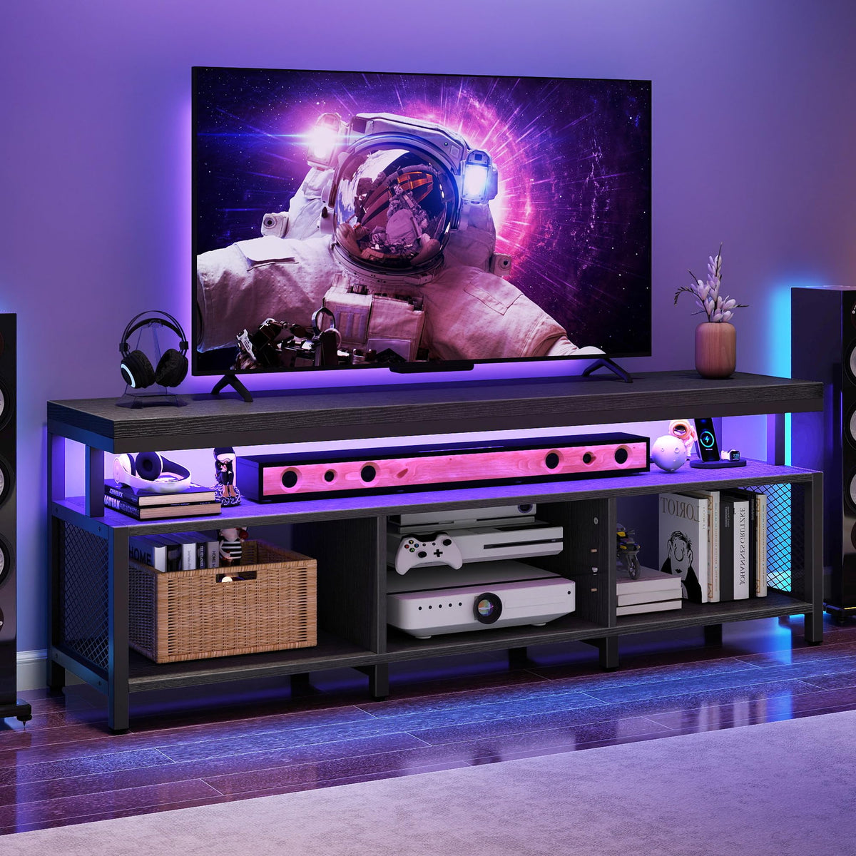 Black LED TV Stand with Power Outlets