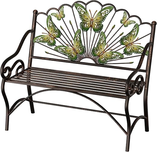 Outdoor Garden Bench with Armrest & Butterfly Backrest