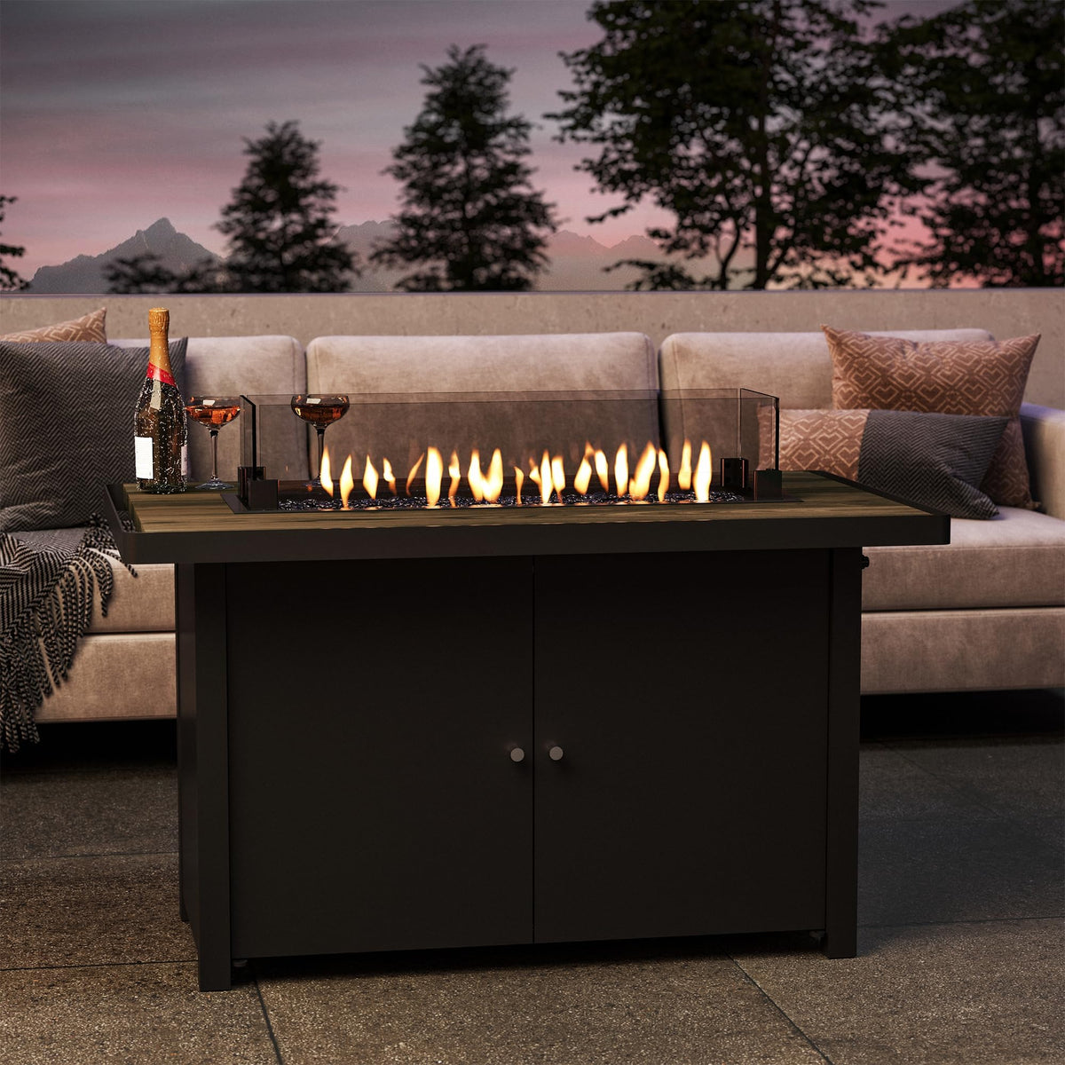 LAUSAINT HOME 43" Propane Fire Pit Table, 55000 BTU Gas Fire Pit with 2 Tiered Storage Space, Wood Grain Tabletop, Gray Glass Wind Guard for Outside Patio Lawn