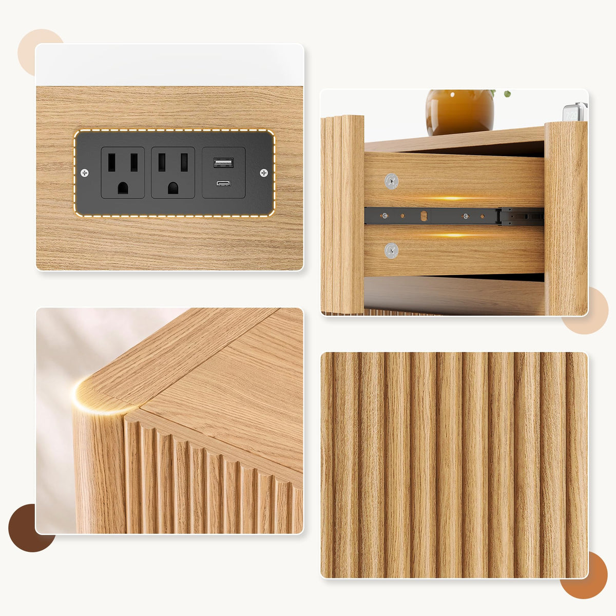 Apicizon 23.6'' Wide Fluted Nightstand with Charging Station, Natural