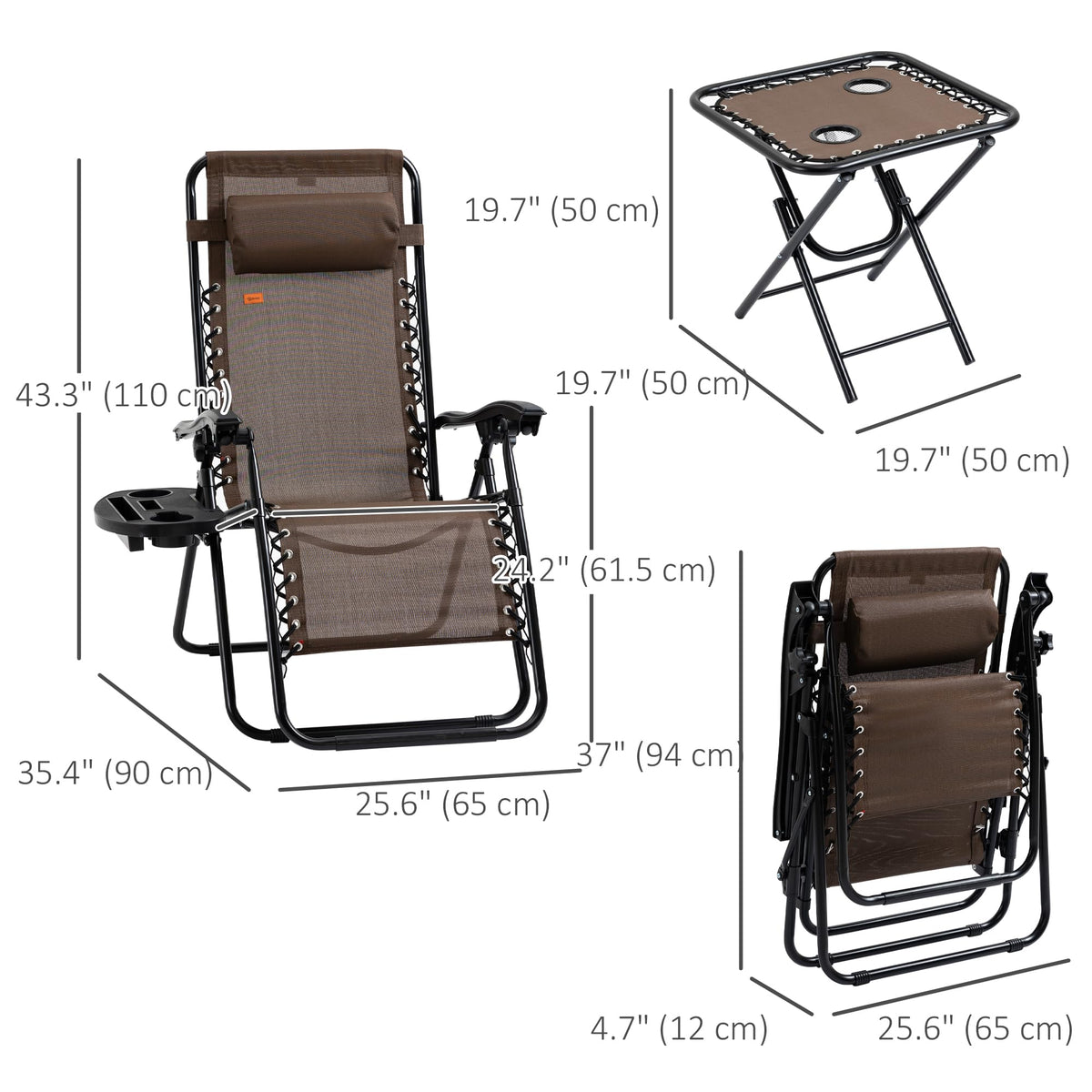 Outsunny Zero Gravity Chair Set with Side Table, Cupholders, Brown