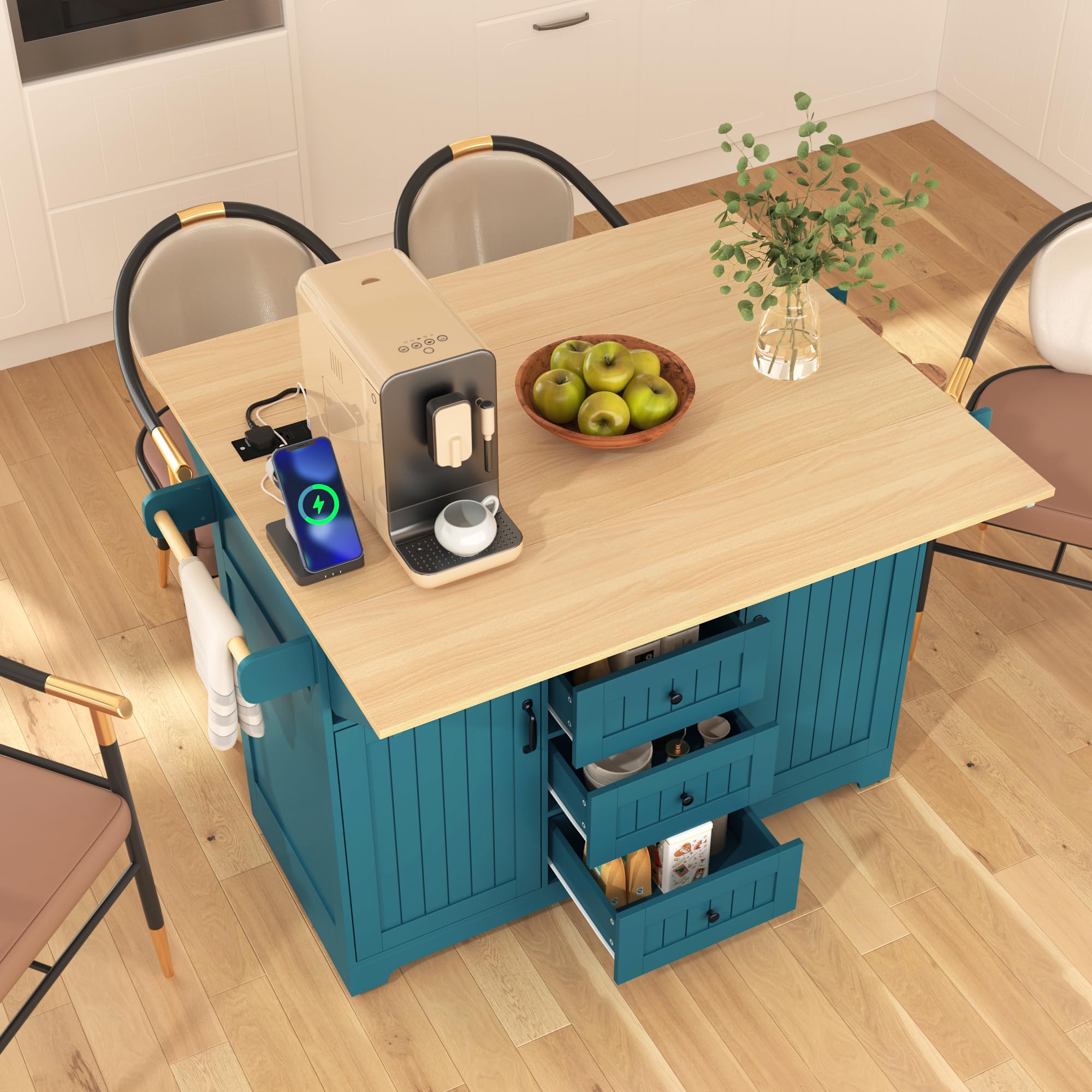 Kitchen Island Cart with Drop Leaf & Power Outlets