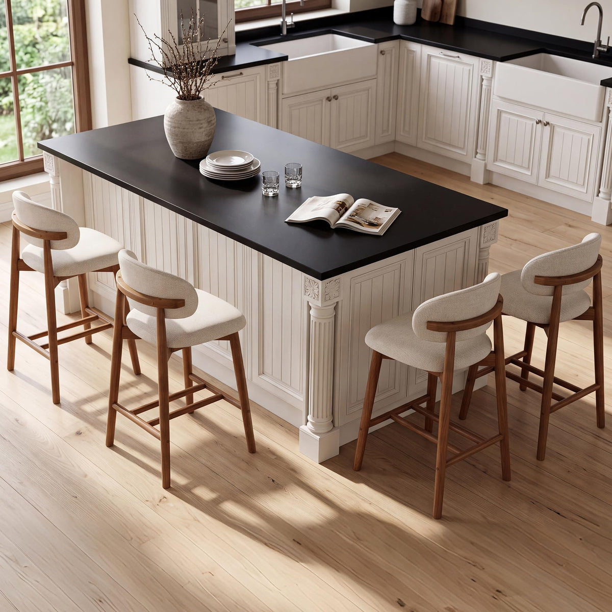 Sinxkaan Bar Stools with Solid‑Wood Frame, for Kitchen & Dining Room (4, Walnut Finish)