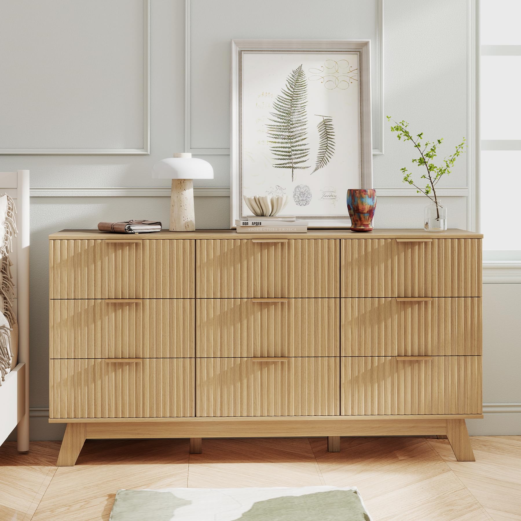 Nebuaegis Fluted 9 Drawer Dresser for Bedroom,57" Wide Modern Chest of Drawers with Metal Handles,Heavy Duty Wood TV Stand,Wood Closet Clothes Storage Organizer for Living Room,Hallway,Entryway