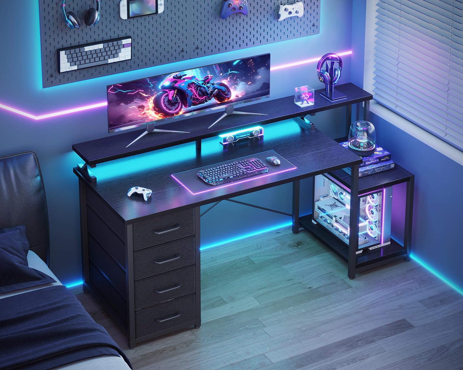 55" Computer Desk with LED Lights & 4 Drawers