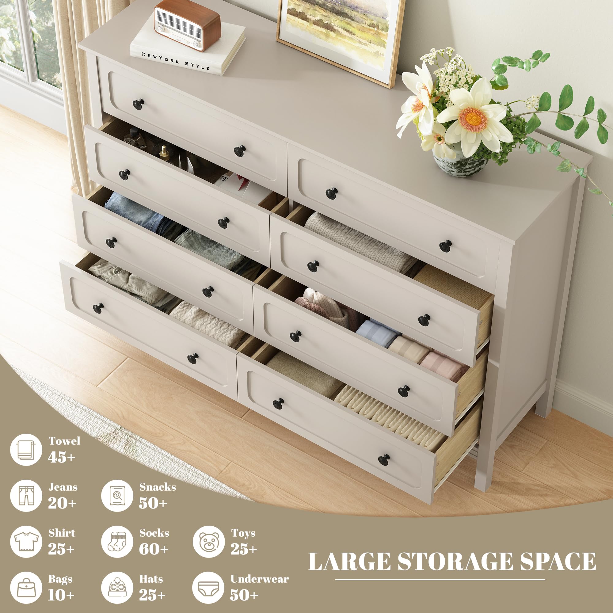 CARPETNAL Beige Dresser for Bedroom, 55" Wide 8 Drawer Dresser with Metal Handles and Deep Drawers, Modern Large Wood Chest of Drawers for Living Room, Hallway.