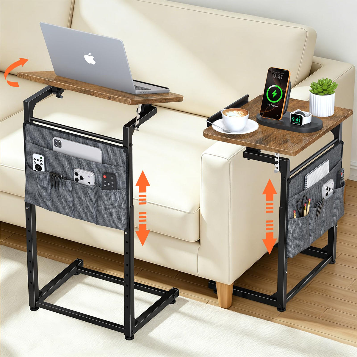 Small C Shaped End Table Set of 2, Slide Under Sofa Adjustable Height Side Table with Tilting Desktop, TV Tray Night stand with Storage Bag, Couch Table for Living Room Bedroom Narrow coffee table