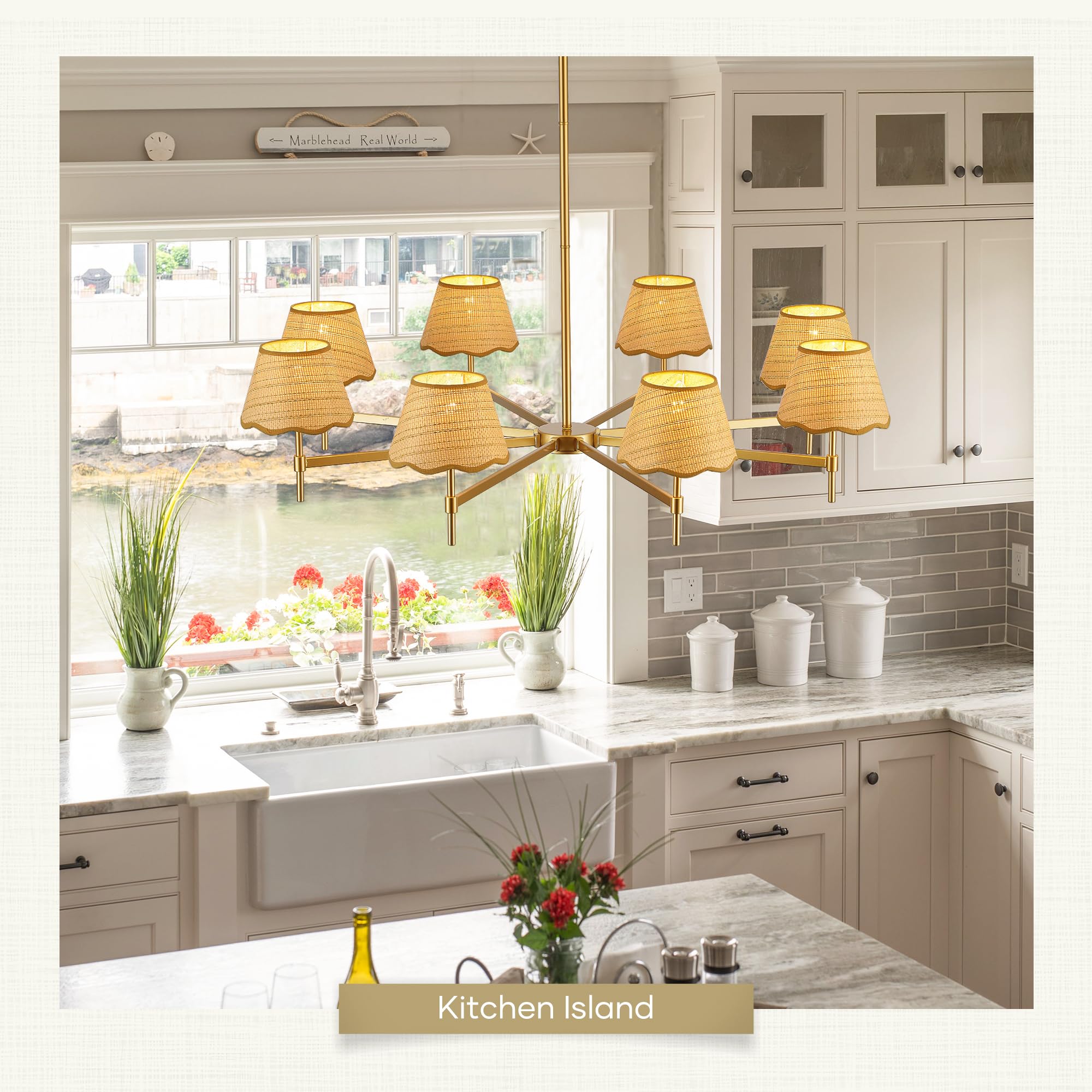 Aol furin 8-Light Boho Rattan Chandelier with Woven Shades, 43” Brass Gold Light Fixture for Dining Room,Adjustable Rustic Pendant Light for Kitchen Island Living Room Entryway,E12.
