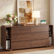 Whalefall 63 Inch 6 Drawer Dresser with Shelves, Rounded Corner, Walnut