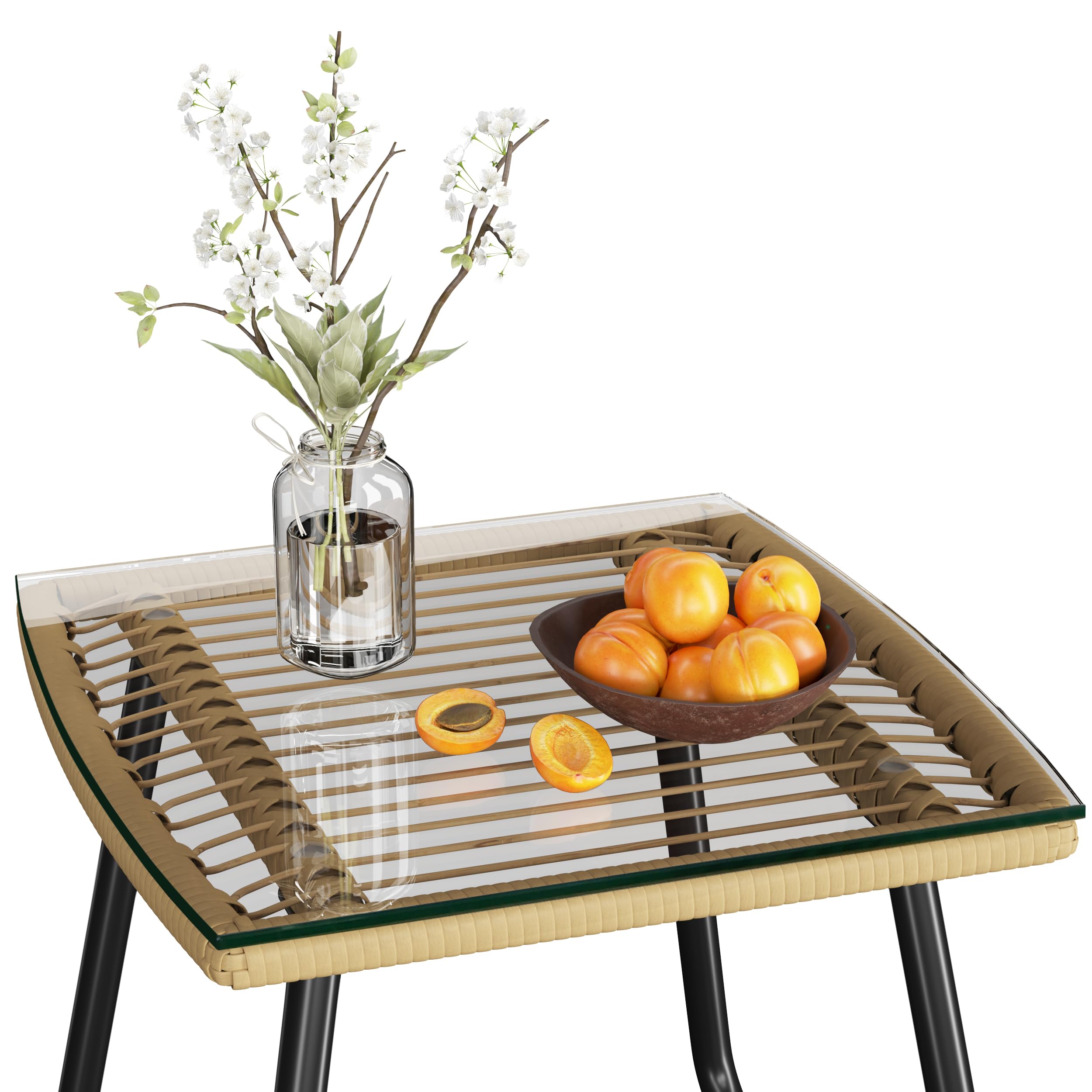 Yaheetech 3 Piece Patio Bistro Set Outdoor Wicker Bistro Furniture Sets, 2 Rattan Chairs and Glass Top Table for Patio, Balcony, Porch, Poolside, Backyard - Tan/Cream