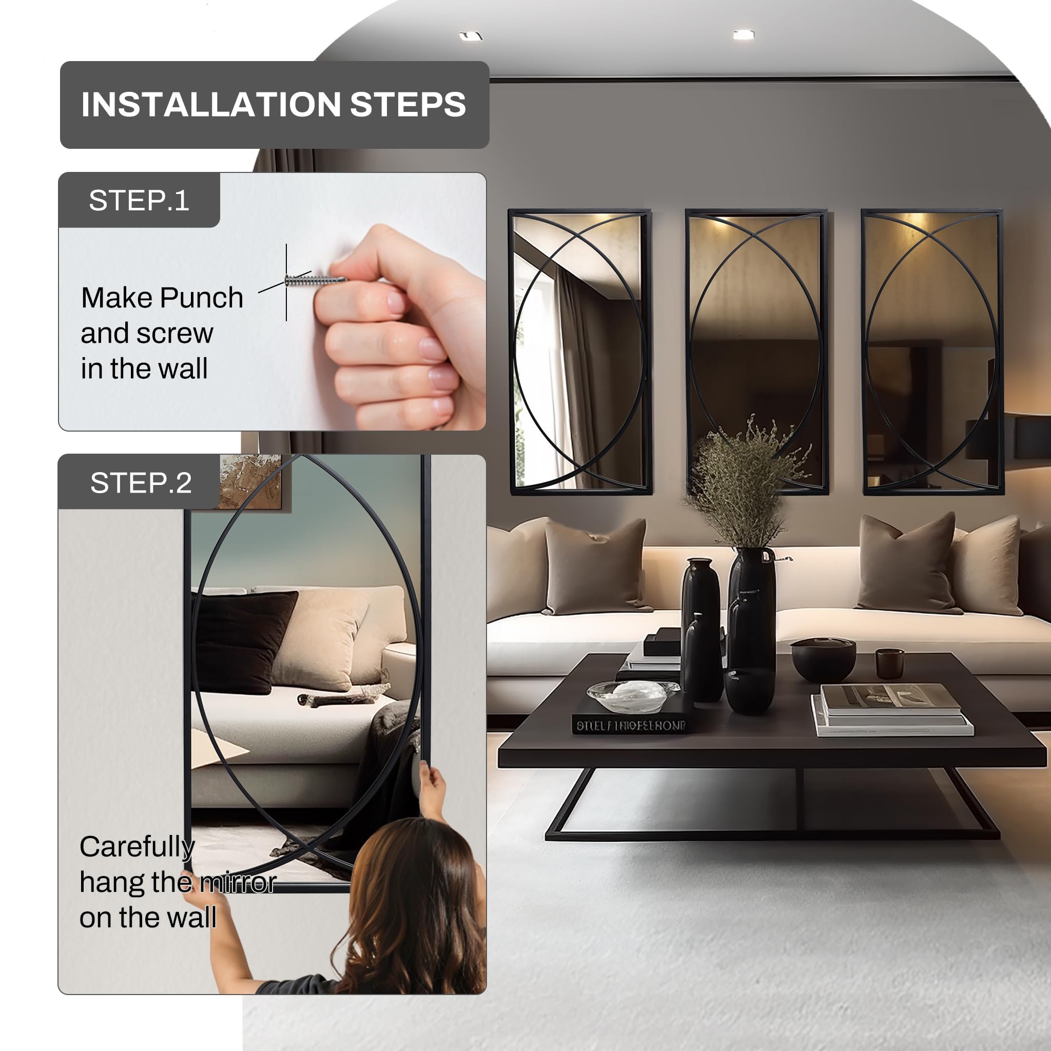3-Piece Black Metal Wall Mirror Set