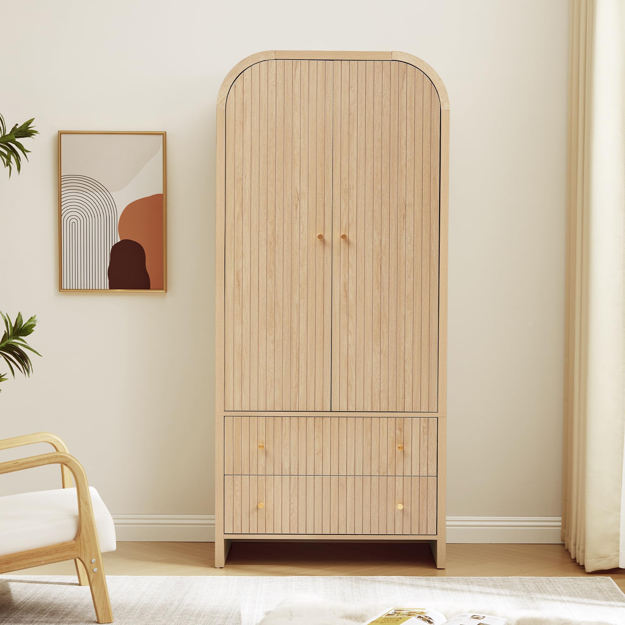 Arched Armoire Wardrobe Closet with Hanging Rod & 2 Drawers
