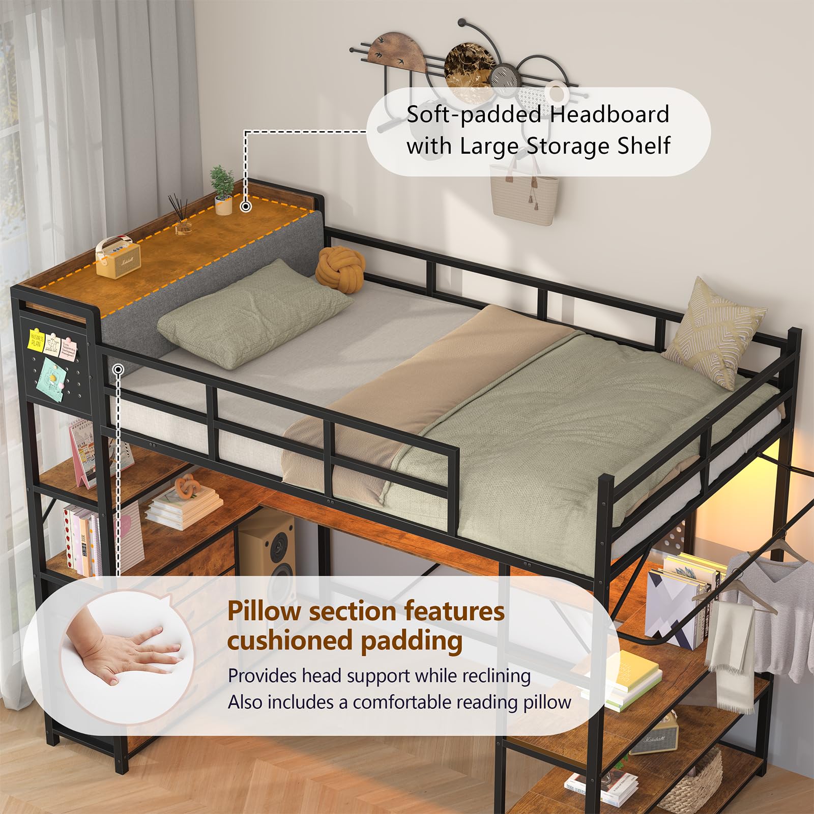 Twin Loft Bed with Storage, Desk & LED Lights